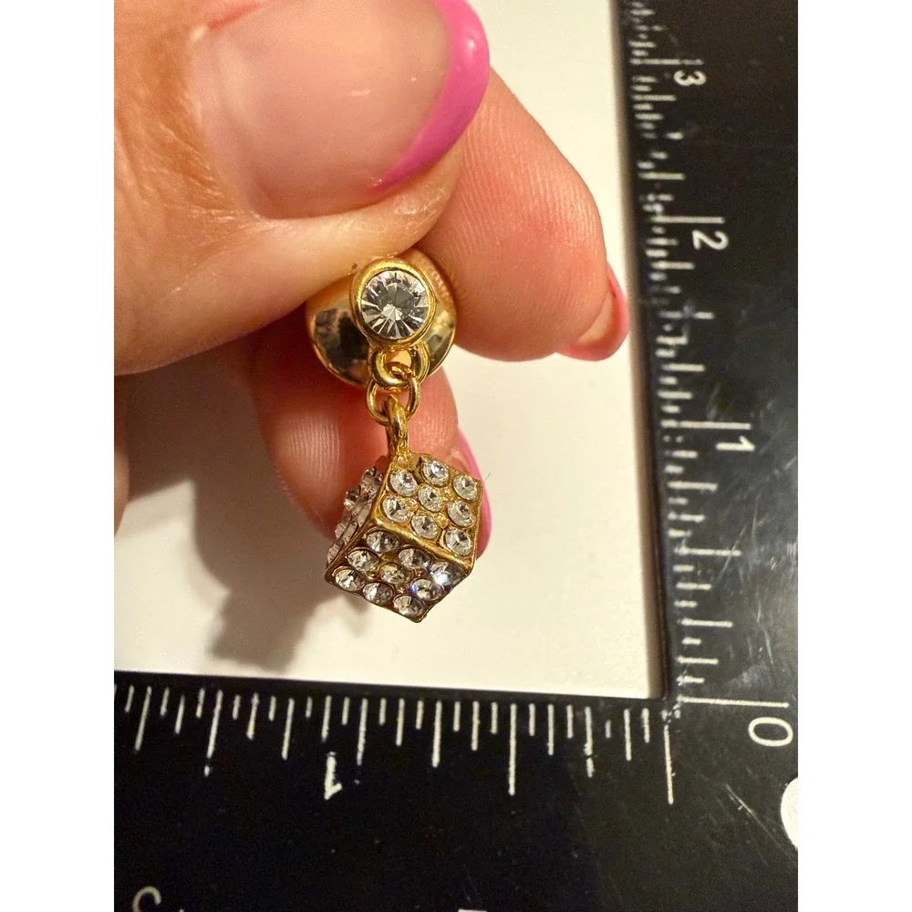 Gold Tone Rhinestone Dangle Dice Lapel Pin Tie Tack Novelty Jewelry Crystal